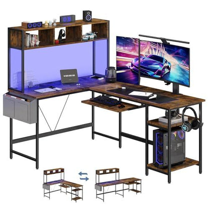 L Shaped Gaming Desk 67, Reversible Computer Desks With Led Lights Corner Table With Keyboard Tray Side Bag Storage Shelf Metal Frame