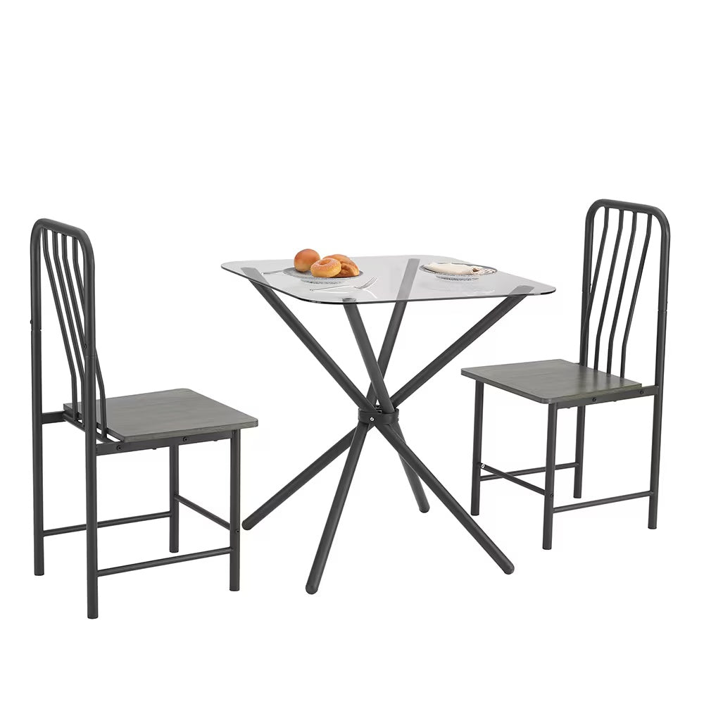 Modern Black & Brown Dining Set for Two | Tempered Glass Top Table with Metal Chairs | Small Space Furniture