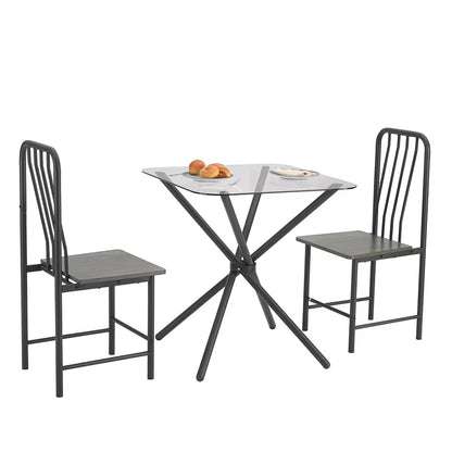 Modern Black & Brown Dining Set for Two | Tempered Glass Top Table with Metal Chairs | Small Space Furniture
