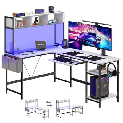 L Shaped Gaming Desk 67, Reversible Computer Desks With Led Lights Corner Table With Keyboard Tray Side Bag Storage Shelf Metal Frame