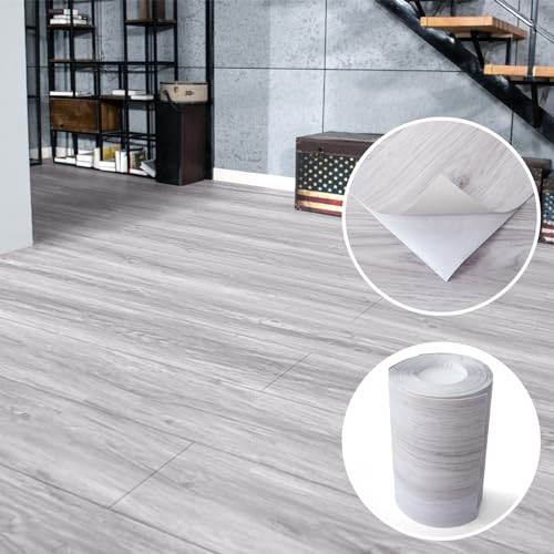Stick Floor Tiles, 10Pcs Luxury Vinyl Plank Flooring Wood Look, 36" × 6" Adhesive and Waterproof Tile Sticker for Bedroom, Living Room, Kitchen, White/Grey