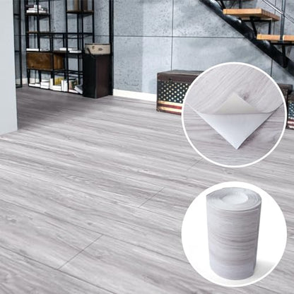 Stick Floor Tiles, 10Pcs Luxury Vinyl Plank Flooring Wood Look, 36" × 6" Adhesive and Waterproof Tile Sticker for Bedroom, Living Room, Kitchen, White/Grey