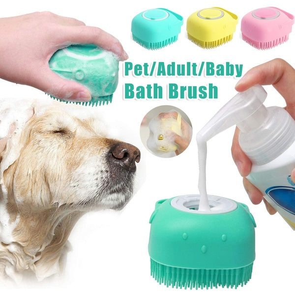 Silicone Pet Bath & Massage Brush – Dog & Cat Grooming Tool with Shampoo Dispenser