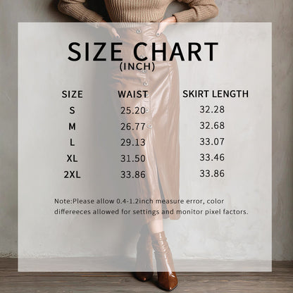 Women's Faux Leather Bodycon Skirt - High Waisted Slim Fit Midi Skirt With Front Slit & Button Decor