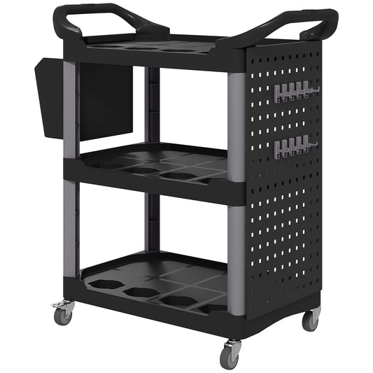 3-Tier Rolling Tool Cart, 200 LBS Capacity Plastic Utility Cart With Side Shelf And Bucket, Black And Light Gray