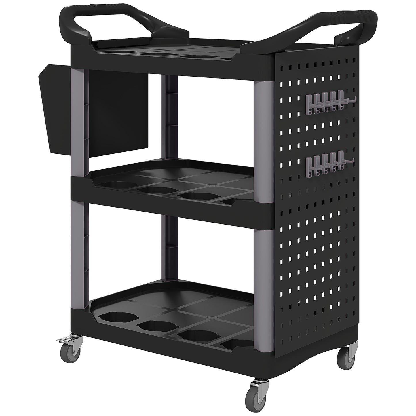 3-Tier Rolling Tool Cart, 200 LBS Capacity Plastic Utility Cart With Side Shelf And Bucket, Black And Light Gray