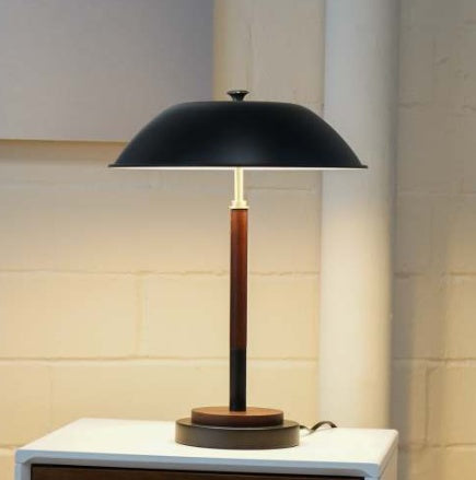 Modern Black Umbrella Table Lamp | Walnut Solid Wood Base & Metal Dome Shade | Decorative Nightstand/Desk Light (18" H)
