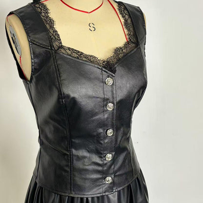 Women's Faux Leather Vest,  Sexy Lace Trim V-Neck Sleeveless Top For Club & Y2K Party