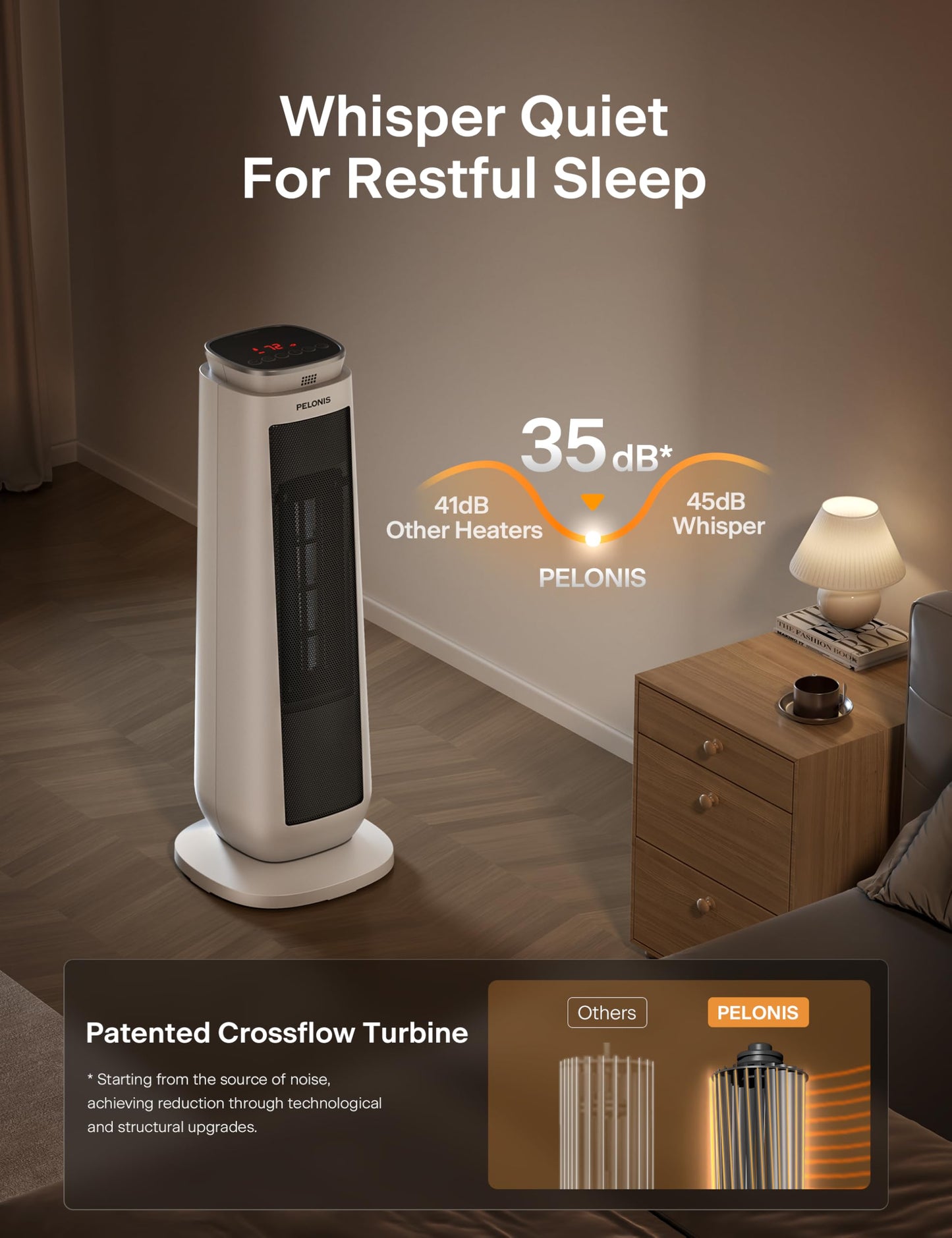 Ceramic Tower Space Heater with Remote & Thermostat, PELONIS 23” Oscillating, Electric Energy Efficient Floor Heater for Indoor Use Large Room Safe with Timer, ECO Mode, 1500W, White