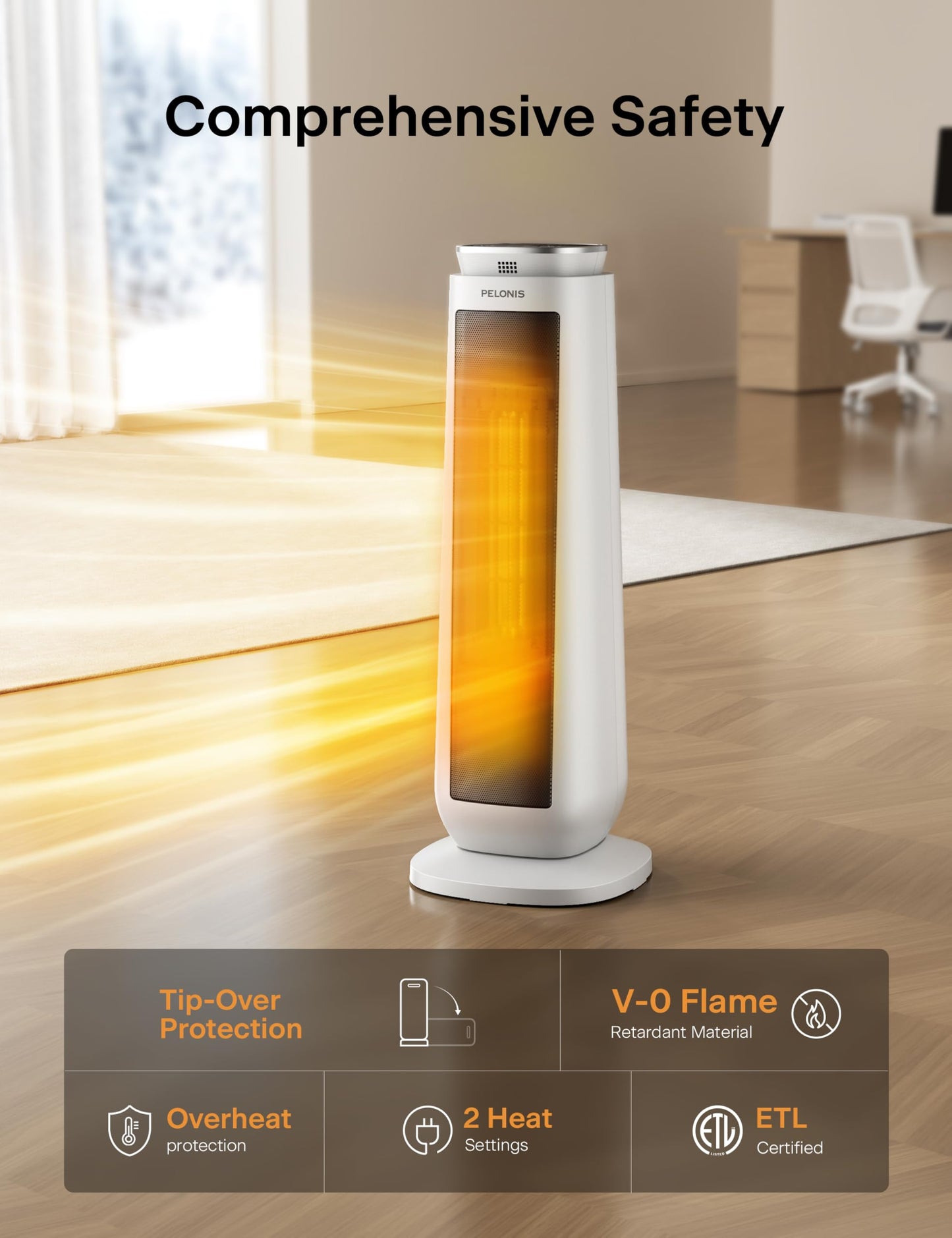 Ceramic Tower Space Heater with Remote & Thermostat, PELONIS 23” Oscillating, Electric Energy Efficient Floor Heater for Indoor Use Large Room Safe with Timer, ECO Mode, 1500W, White