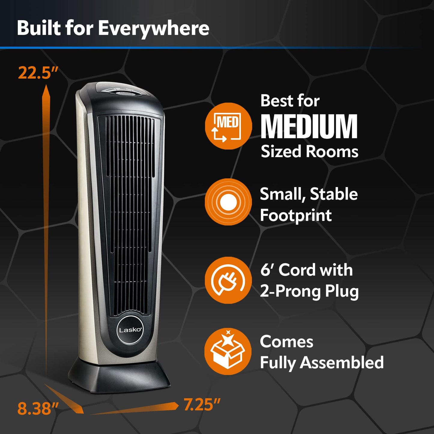 Lasko Tower Space Heater Indoor, Compact Electric Heaters for Indoor Use, Small Space Heater with Remote, Ideal Lasko Space Heaters for Indoor Use, 22.5 Inches, Grey/Black, 1500W, 751320