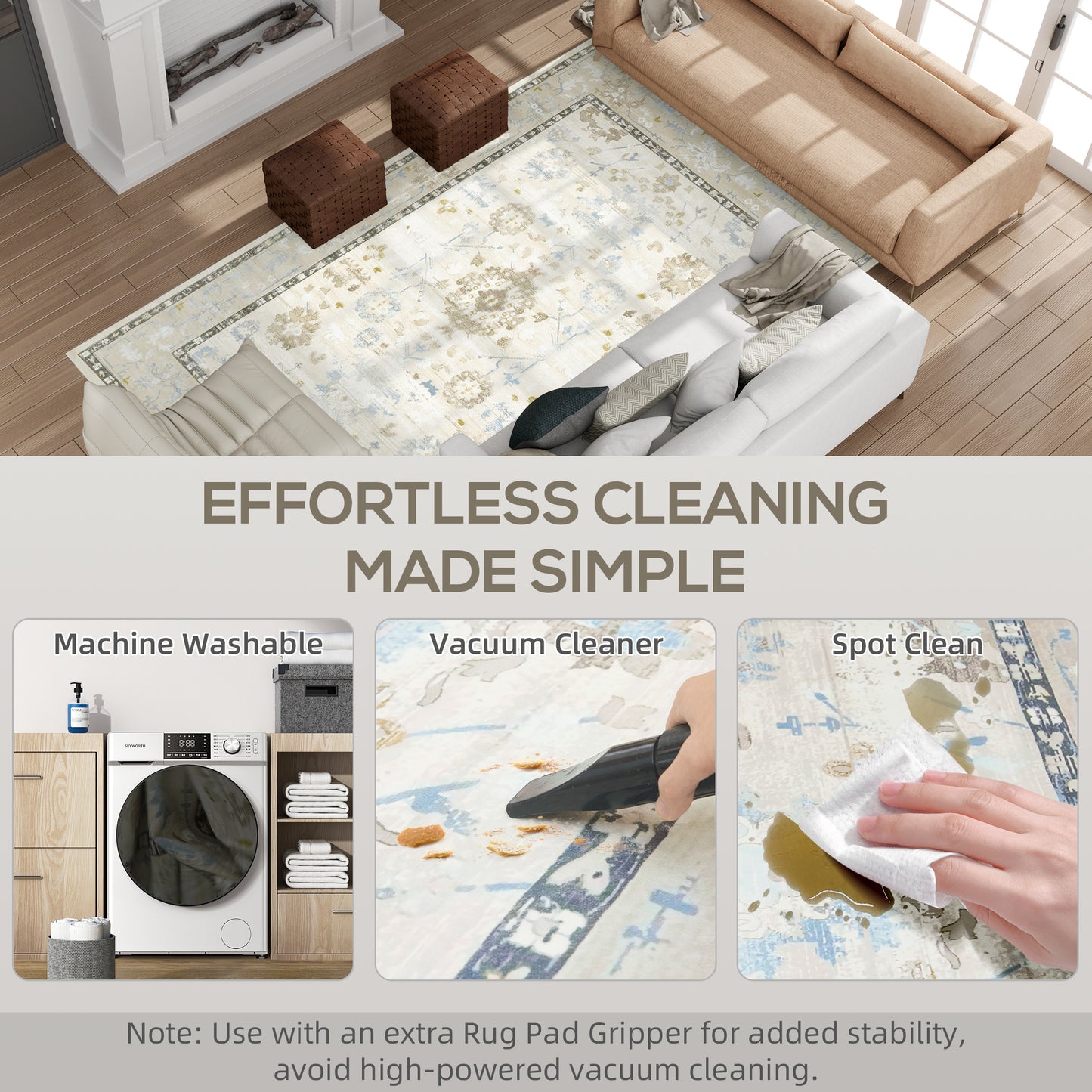 6x9 Area Rug, Indoor Boho Machine Washable Carpet For Living Room, Bedroom, Dining Room, Kitchen, Blue