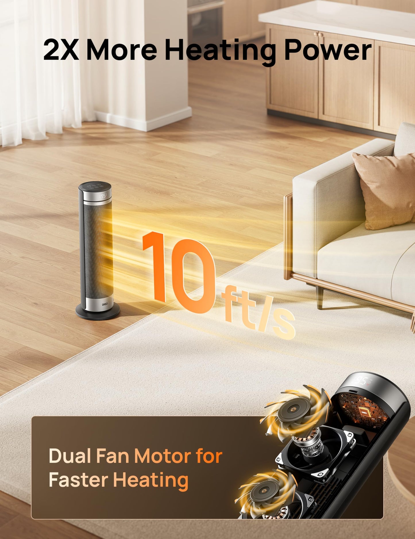 Dreo Space Heater for Large Room, 23 Inch Electric Heaters for Indoor Use, 8 Safe Protection Tower, 70° Oscillation, PTC Ceramic with Thermostat and Remote, Quiet, 12H Timer, Bedroom, Office