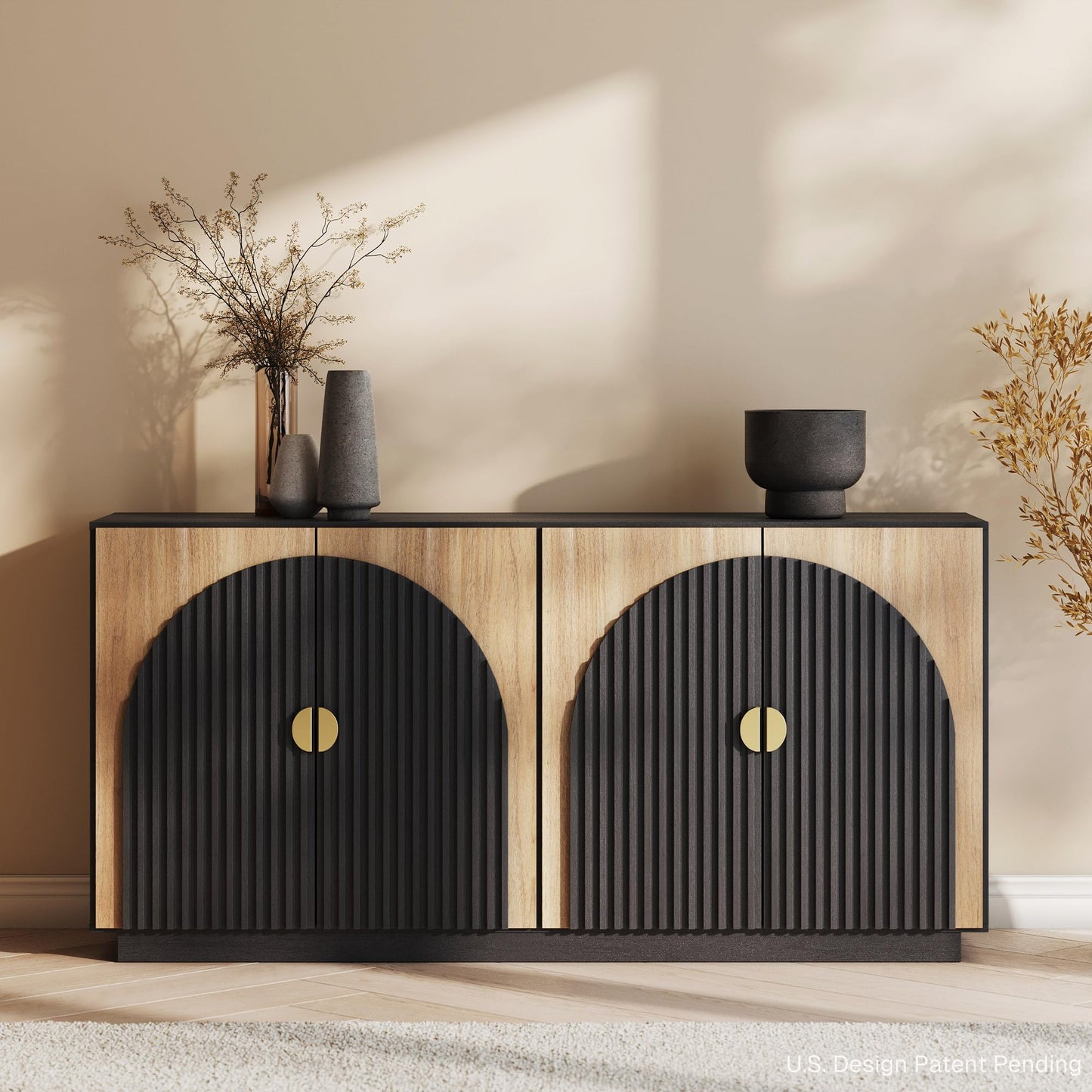 Cabinet with Storage, BELLEZE 65 Inch Fluted Buffet, Symmetrical Arc Accent Sideboard Large Console Table for Dining Room, Kitchen, and Living Room (Camel)