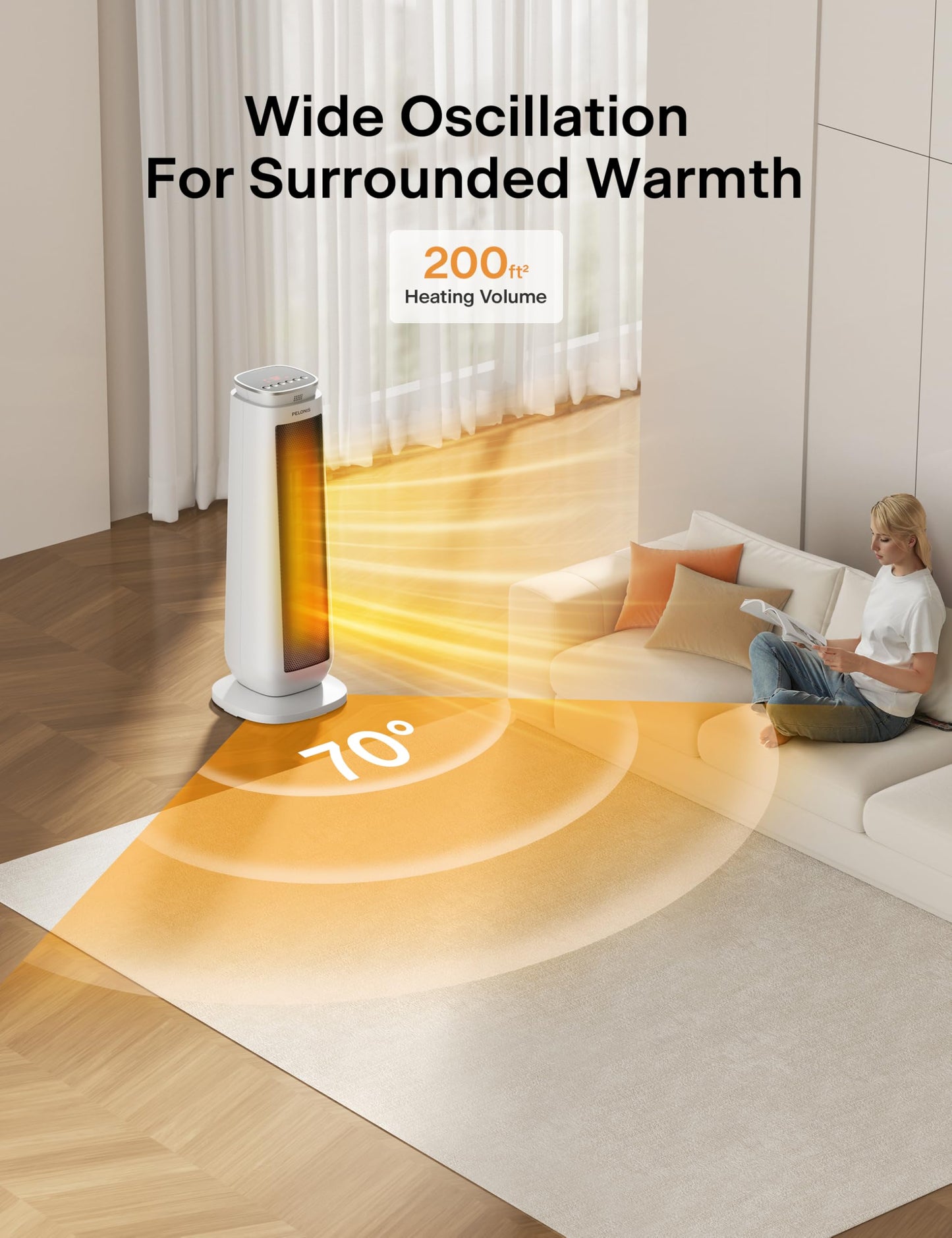 Ceramic Tower Space Heater with Remote & Thermostat, PELONIS 23” Oscillating, Electric Energy Efficient Floor Heater for Indoor Use Large Room Safe with Timer, ECO Mode, 1500W, White