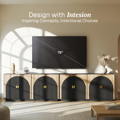 Cabinet with Storage, BELLEZE 65 Inch Fluted Buffet, Symmetrical Arc Accent Sideboard Large Console Table for Dining Room, Kitchen, and Living Room (Camel)