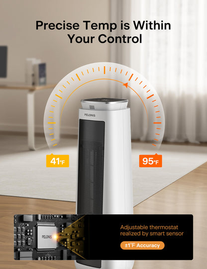 Ceramic Tower Space Heater with Remote & Thermostat, PELONIS 23” Oscillating, Electric Energy Efficient Floor Heater for Indoor Use Large Room Safe with Timer, ECO Mode, 1500W, White