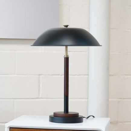 Modern Black Umbrella Table Lamp | Walnut Solid Wood Base & Metal Dome Shade | Decorative Nightstand/Desk Light (18" H)