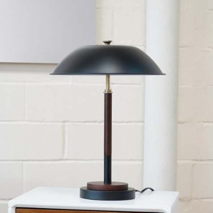 Modern Black Umbrella Table Lamp | Walnut Solid Wood Base & Metal Dome Shade | Decorative Nightstand/Desk Light (18" H)