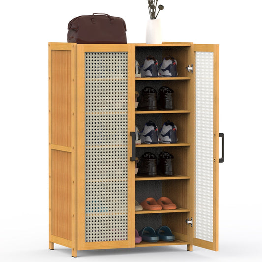 6-Tier Bamboo Shoe Cabinet with Doors – Freestanding Shoe Rack Organizer for Closet, Hallway, Living Room, 154lbs Max Load