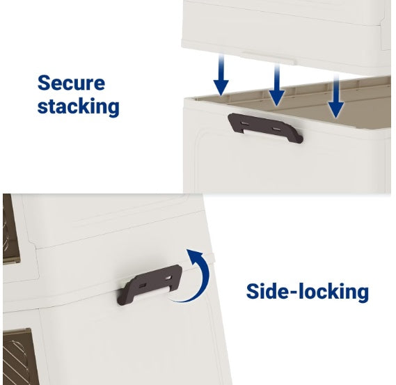 Collapsible Storage Bin (3-Layer) | Foldable Clothes Organizer with Clear Front Door | Stackable Beige Container