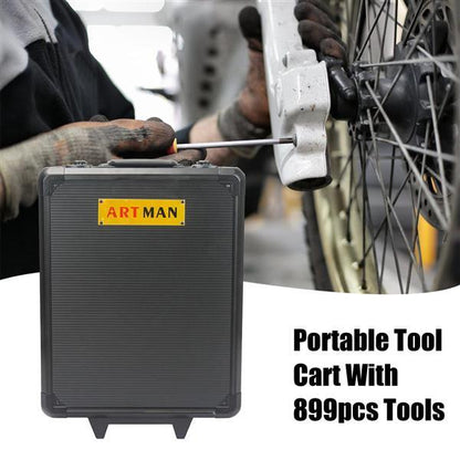 Black Manual Toolbox With 4 Layers Of Tool Sets And Wheels