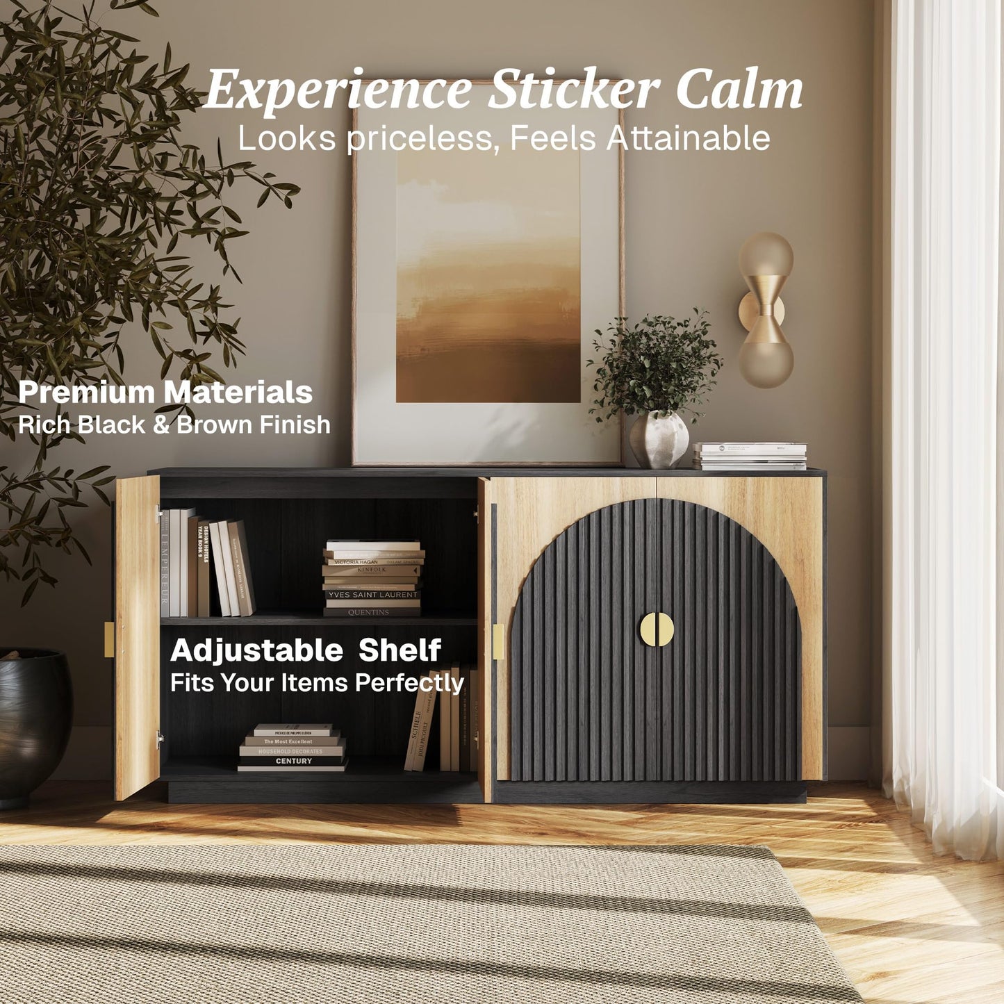 Cabinet with Storage, BELLEZE 65 Inch Fluted Buffet, Symmetrical Arc Accent Sideboard Large Console Table for Dining Room, Kitchen, and Living Room (Camel)