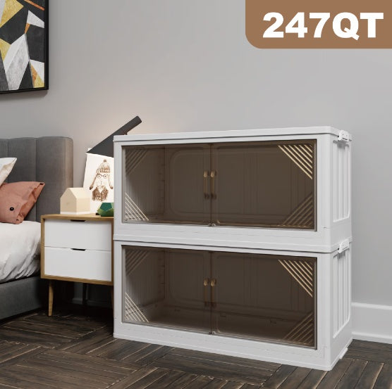 Collapsible Storage Bin (3-Layer) | Foldable Clothes Organizer with Clear Front Door | Stackable Beige Container