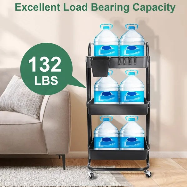 Rolling Utility Cart Movable Storage, 3 Tier, Organizer With Mesh Baskets Lockable Wheels 360 Degree Rotatable Hanging Box Hooks Bedroom Bathroom Kitchen