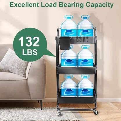 Rolling Utility Cart Movable Storage, 3 Tier, Organizer With Mesh Baskets Lockable Wheels 360 Degree Rotatable Hanging Box Hooks Bedroom Bathroom Kitchen