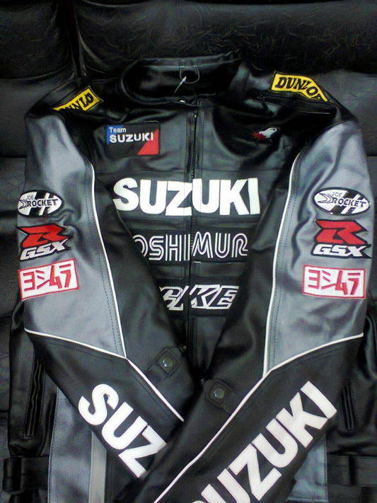Suzuki Rocket Motorbike Racing Motorcycle  Cowhide Black Leather Jacket