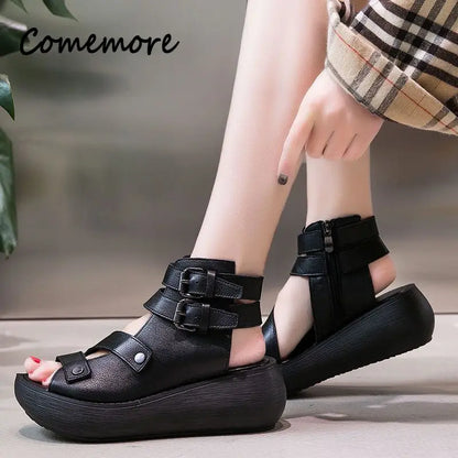 Retro Leather Wedge Sandals for Women - Al-Noor Bazaar