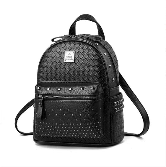 New Luxury Fashion Trend Leather Backpack Women Rivet Design Shoulder Bags Ladies Casual Woven Pattern Travel Small Backpacks