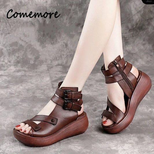 Retro Leather Wedge Sandals for Women - Al-Noor Bazaar