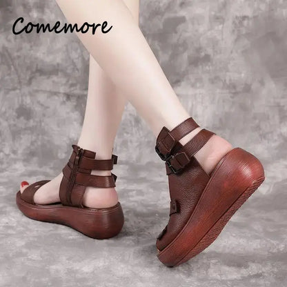 Retro Leather Wedge Sandals for Women - Al-Noor Bazaar