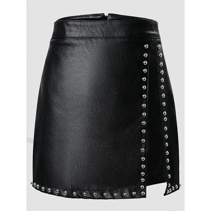 Black Leather Mini Skirt with Rivet Detail for Women