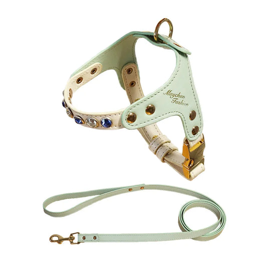 Jeweled Leather Pet Harness & Leash Set - Al-Noor Bazaar