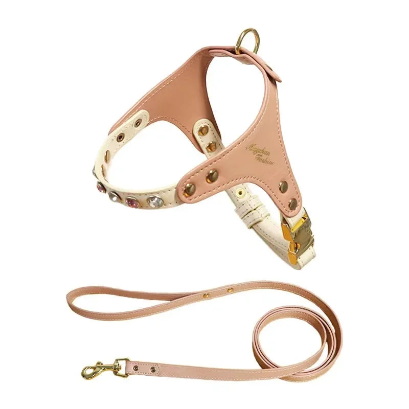 Jeweled Leather Pet Harness & Leash Set - Al-Noor Bazaar