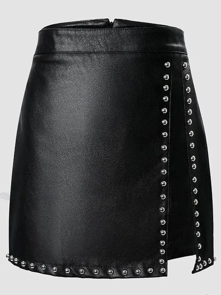 Black Leather Mini Skirt with Rivet Detail for Women