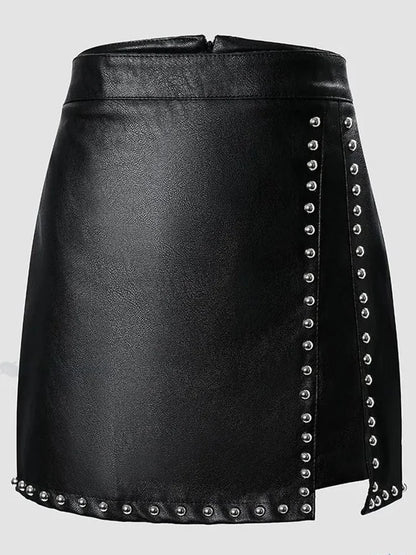 Black Leather Mini Skirt with Rivet Detail for Women