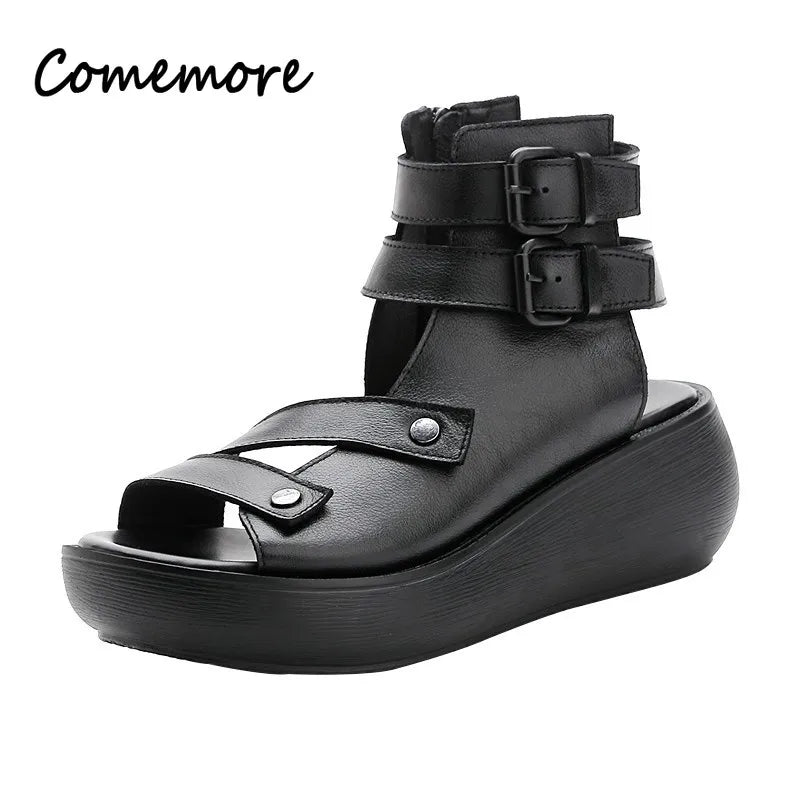 Retro Leather Wedge Sandals for Women - Al-Noor Bazaar