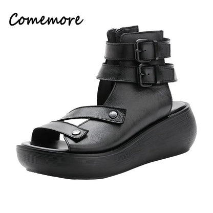 Retro Leather Wedge Sandals for Women - Al-Noor Bazaar