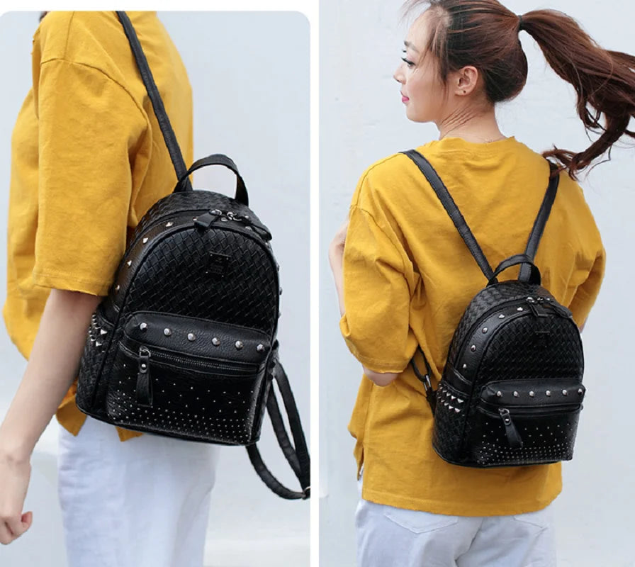 New Luxury Fashion Trend Leather Backpack Women Rivet Design Shoulder Bags Ladies Casual Woven Pattern Travel Small Backpacks