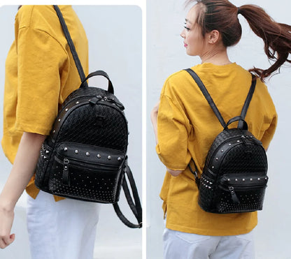 New Luxury Fashion Trend Leather Backpack Women Rivet Design Shoulder Bags Ladies Casual Woven Pattern Travel Small Backpacks