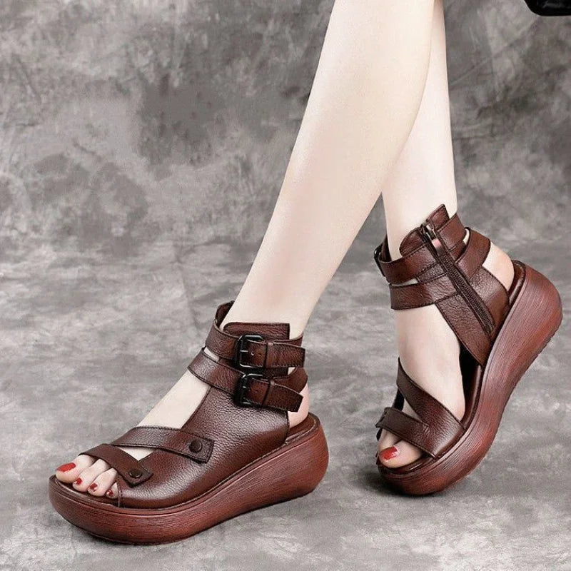 Retro Leather Wedge Sandals for Women - Al-Noor Bazaar