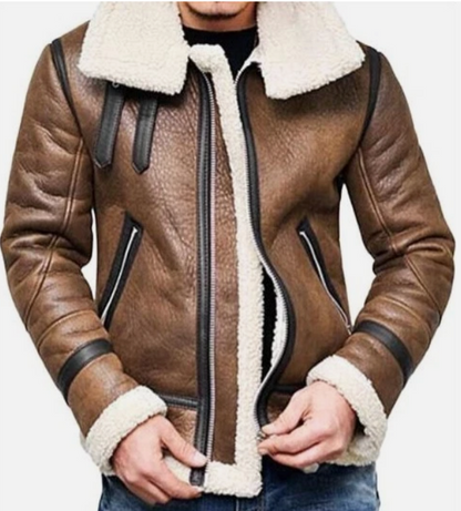 Men's Real Shearling Fur Lined Cowhide Leather Jacket – Handmade Winter Coat