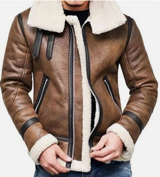 Men's Real Shearling Fur Lined Cowhide Leather Jacket – Handmade Winter Coat