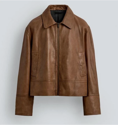 Men's Brown Real Sheep Leather Jacket Vintage Look Zip-Up Collared Outerwear