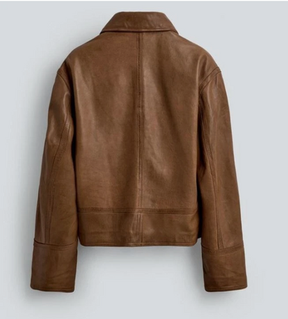 Men's Brown Real Sheep Leather Jacket Vintage Look Zip-Up Collared Outerwear