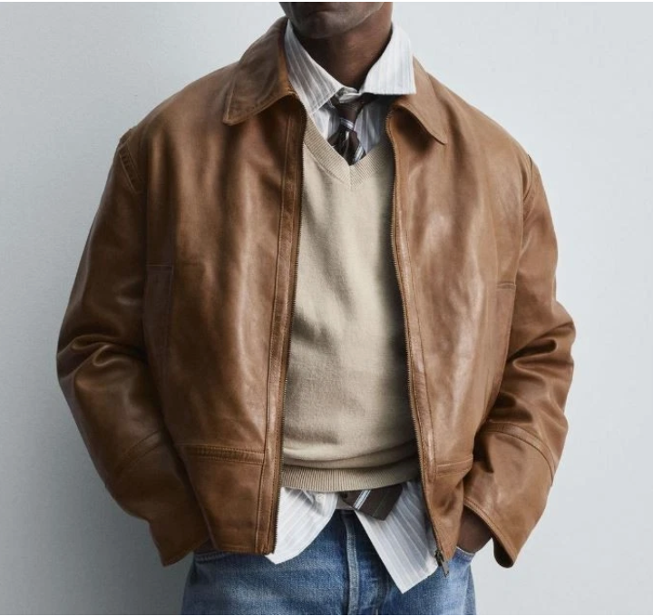 Men's Brown Real Sheep Leather Jacket Vintage Look Zip-Up Collared Outerwear